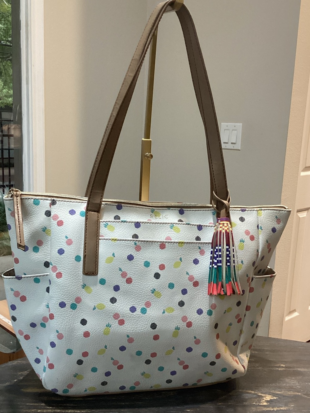 Relic White Tote with Pineapples, Multicolor Confetti Dots and tassel